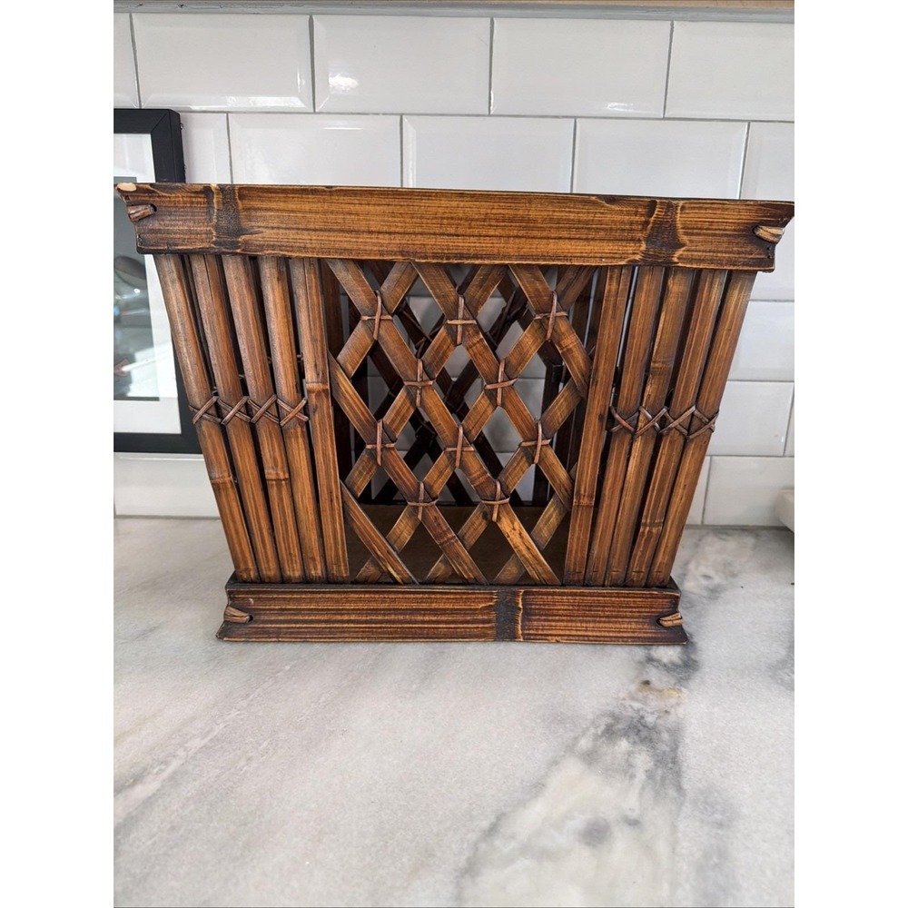 Vintage Bamboo Magazine Rack Boho Coastal Lattice Storage Basket ES005